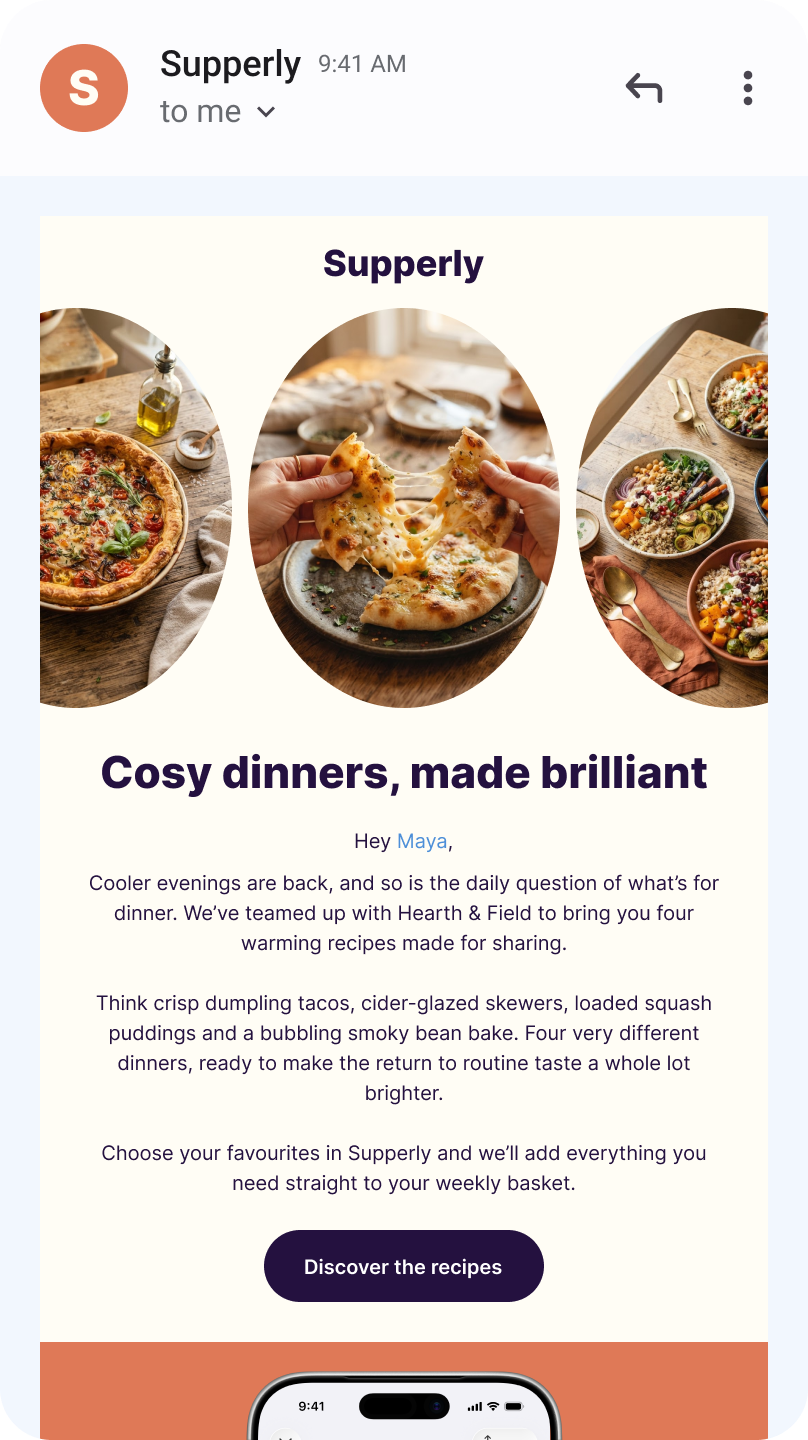Recipe newsletter with a personalized greeting and photo collage header