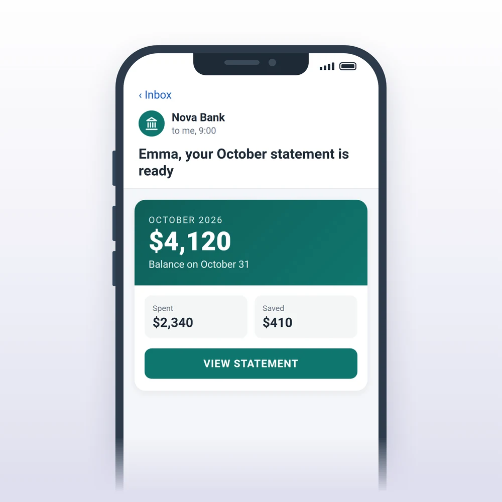 Monthly statement email from a bank with balance, spending and savings on a phone