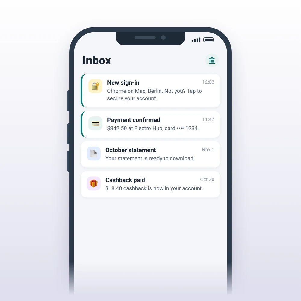 In-app inbox of a banking app with a sign-in alert, a payment confirmation, a monthly statement and a cashback notice