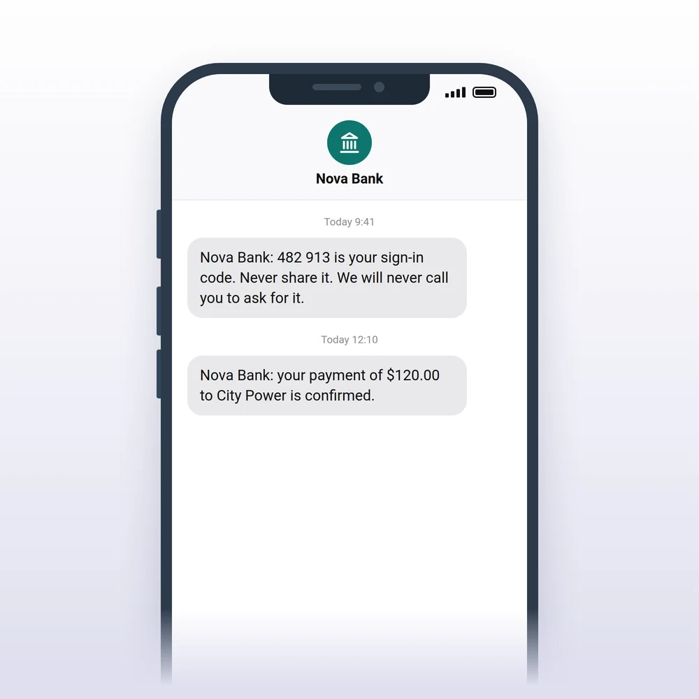 SMS from a bank with a sign-in code and a payment confirmation on a phone