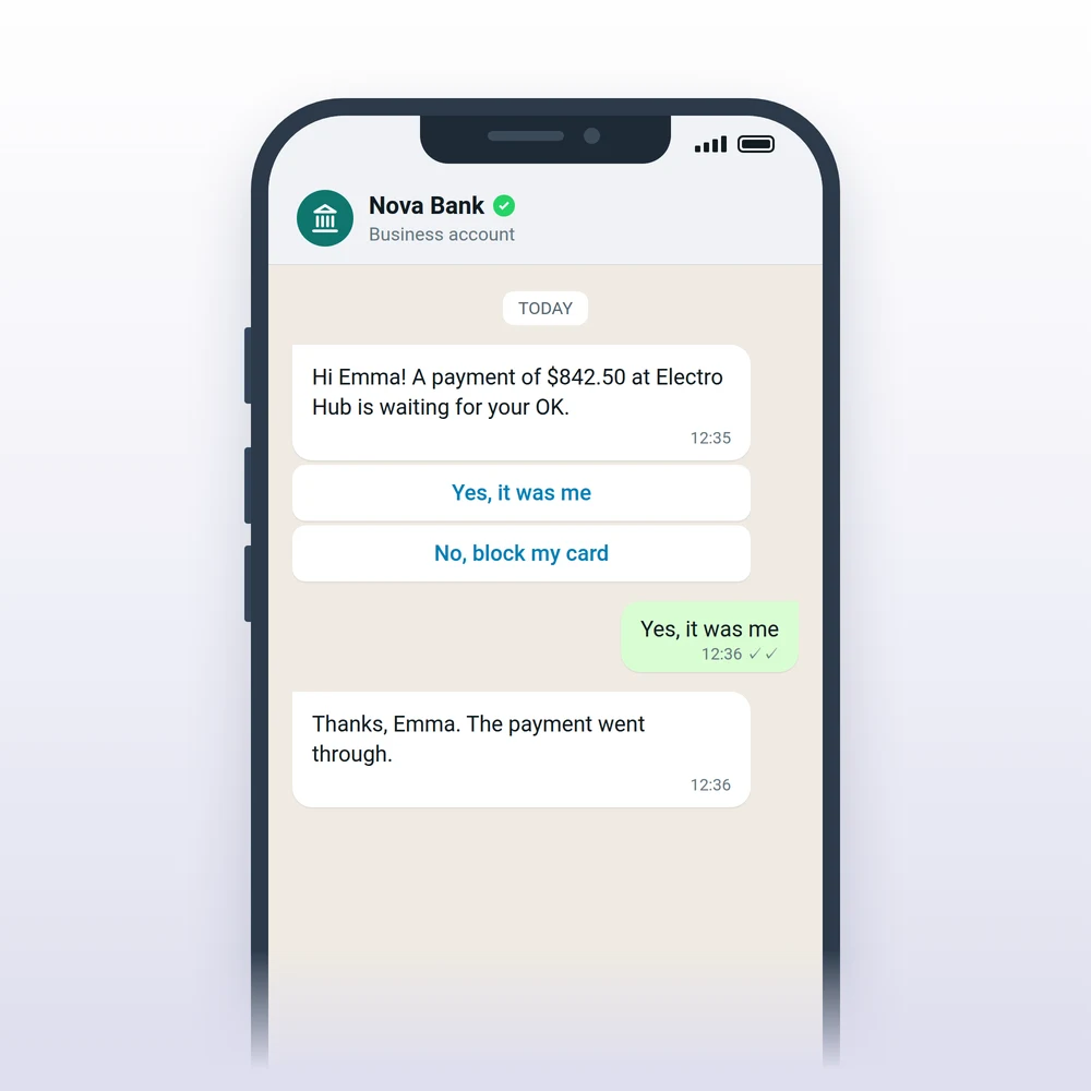 WhatsApp chat where a bank asks a customer to confirm a payment, with Yes and Block my card buttons