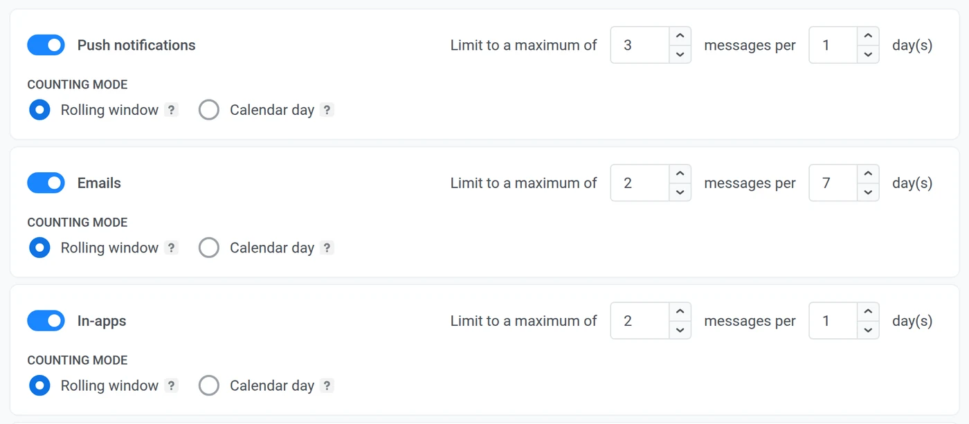 Frequency capping settings to protect push opt-in