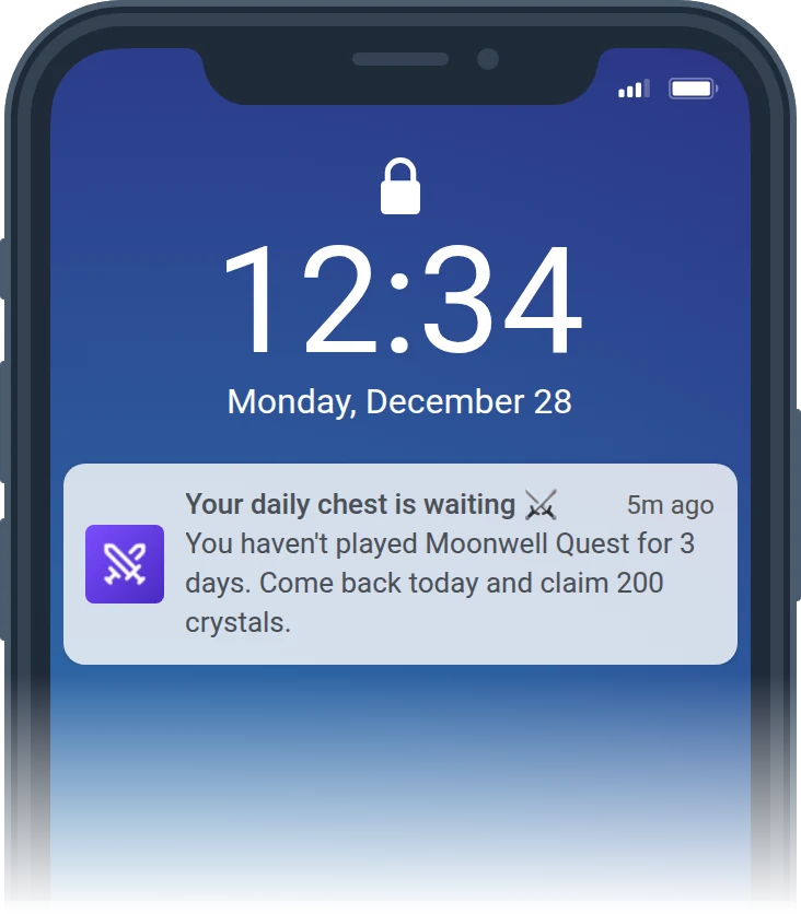 Player win-back push from a mobile game on an iPhone lock screen