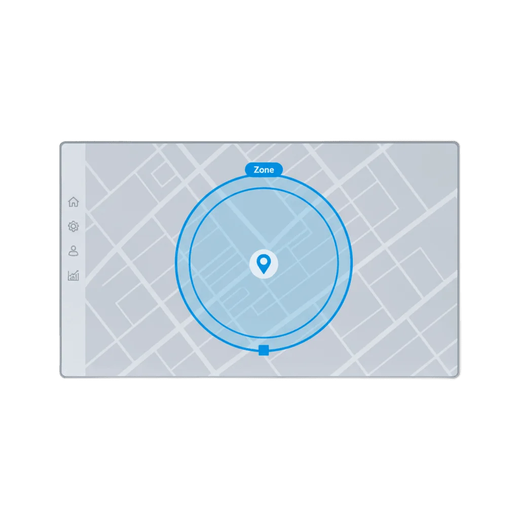 Control Panel map view showing a circular geozone drawn around a shopping mall, with the radius handle visible