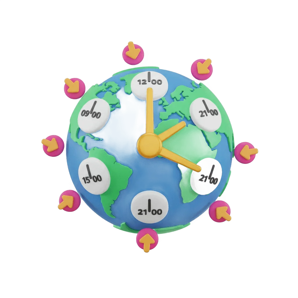 3D globe with multiple clock hands showing different timezones