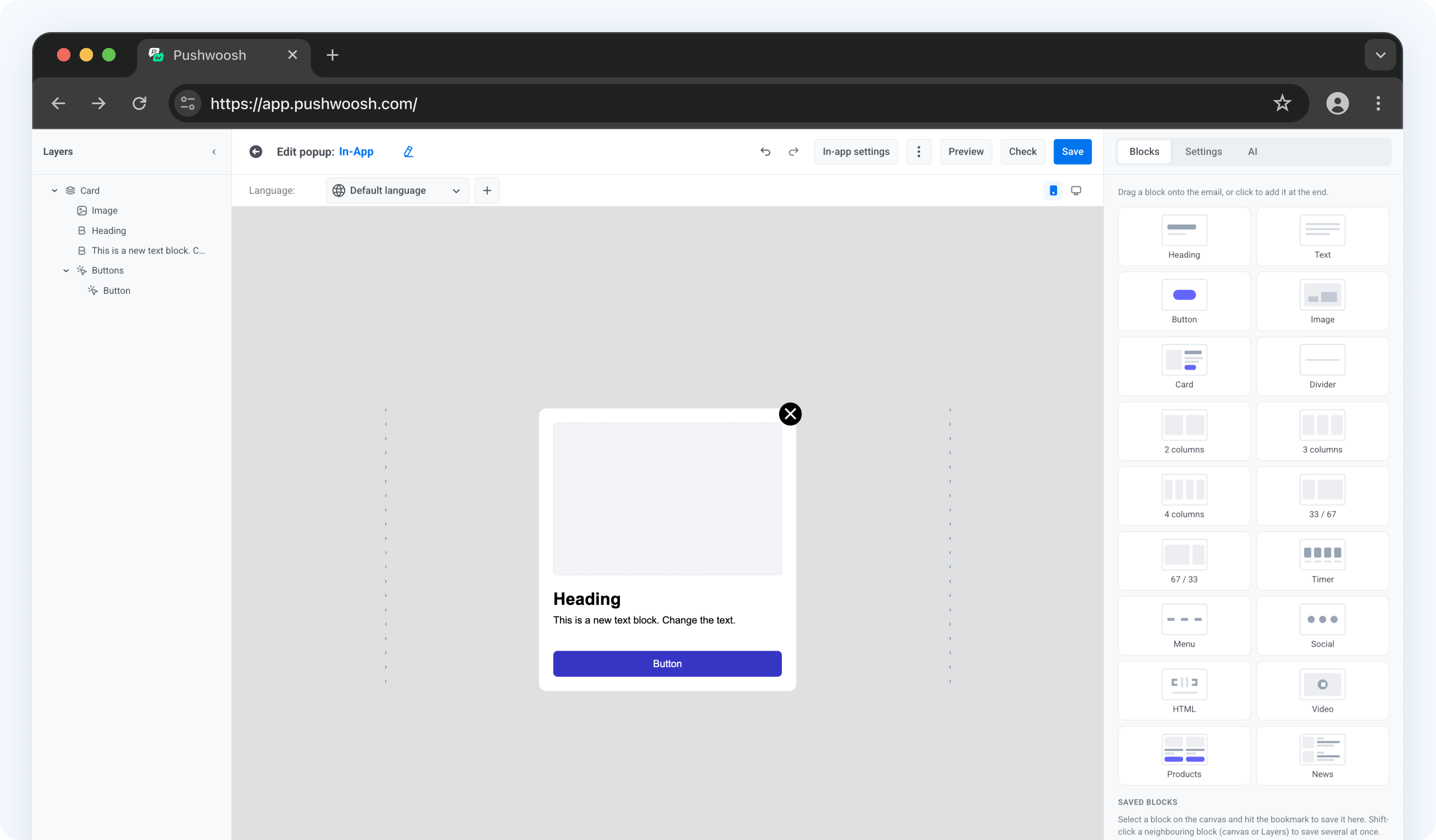 In-app editor with the block palette on the left and a message taking shape on the canvas