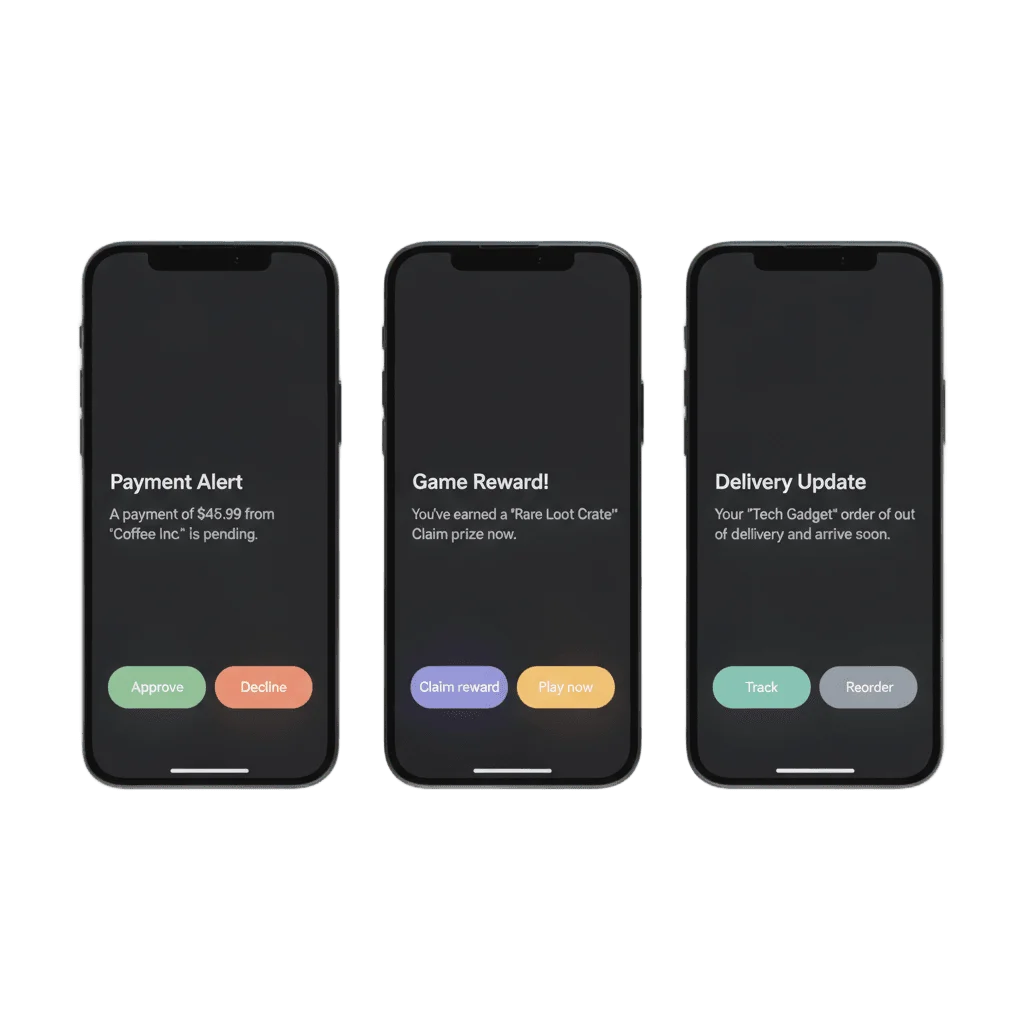 Three phone screens side by side showing push notifications with action buttons: Approve and Decline on a payment alert, Claim reward and Play now on a game drop, Track and Reorder on a delivery update