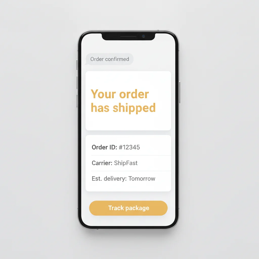 Phone showing a KakaoTalk business-message thread: a brand sends an order confirmation and a shipping update in an approved template layout