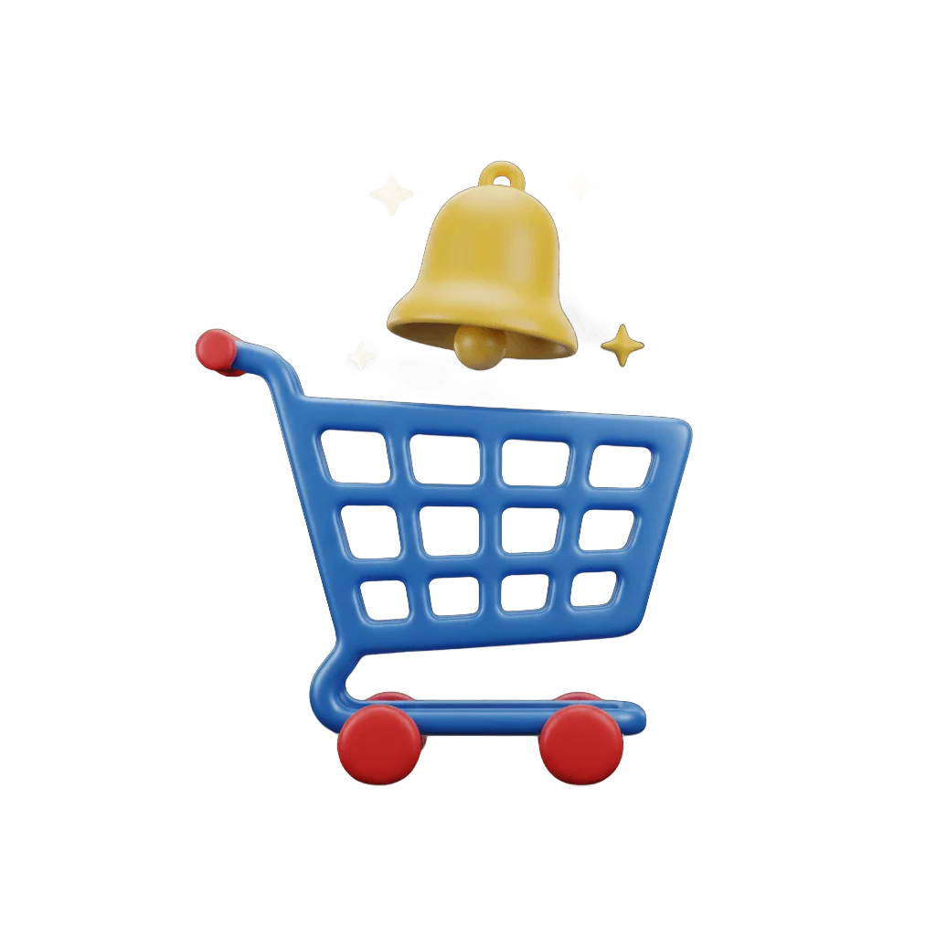 3D shopping cart with notification bell for abandoned cart recovery