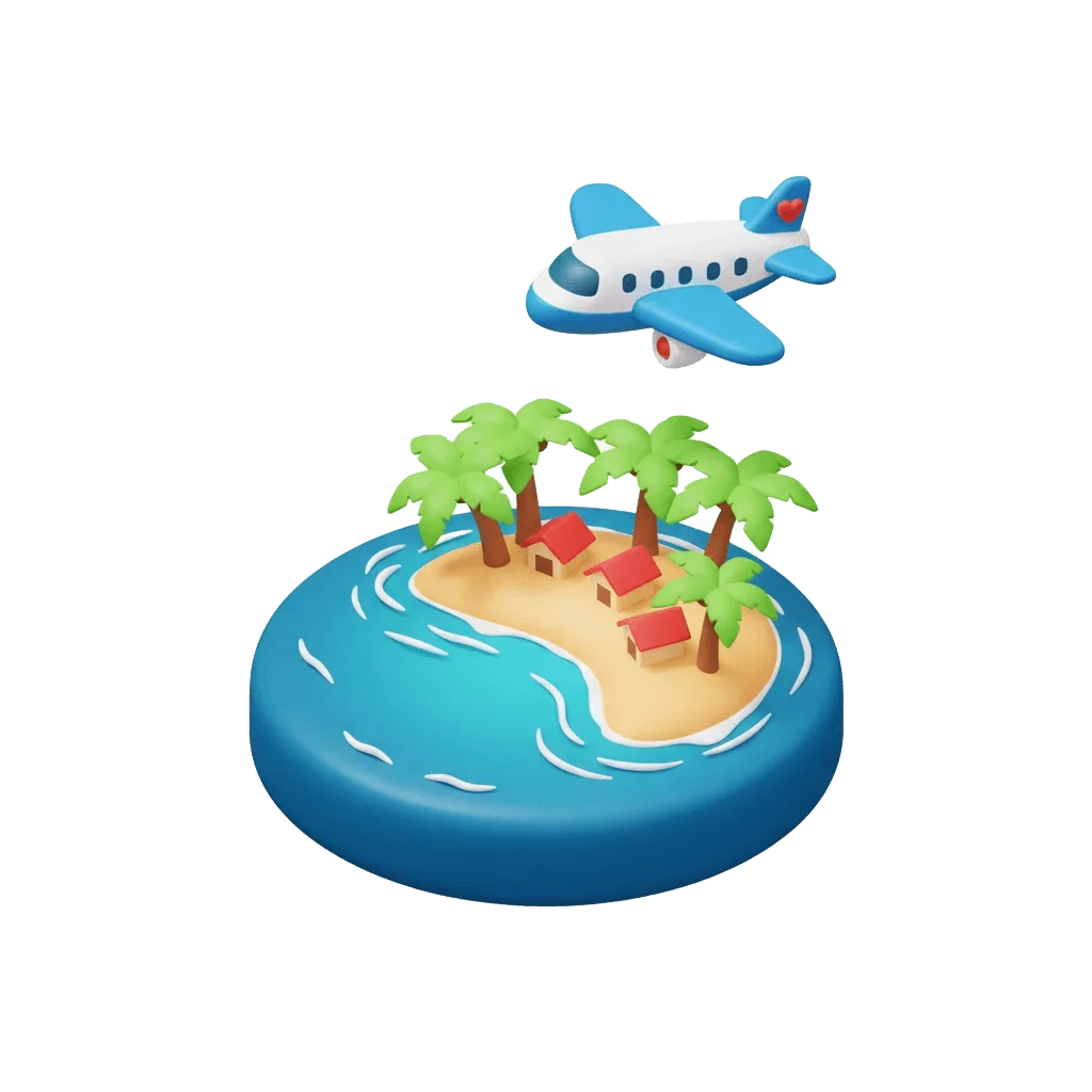 3D airplane flying over tropical resort island