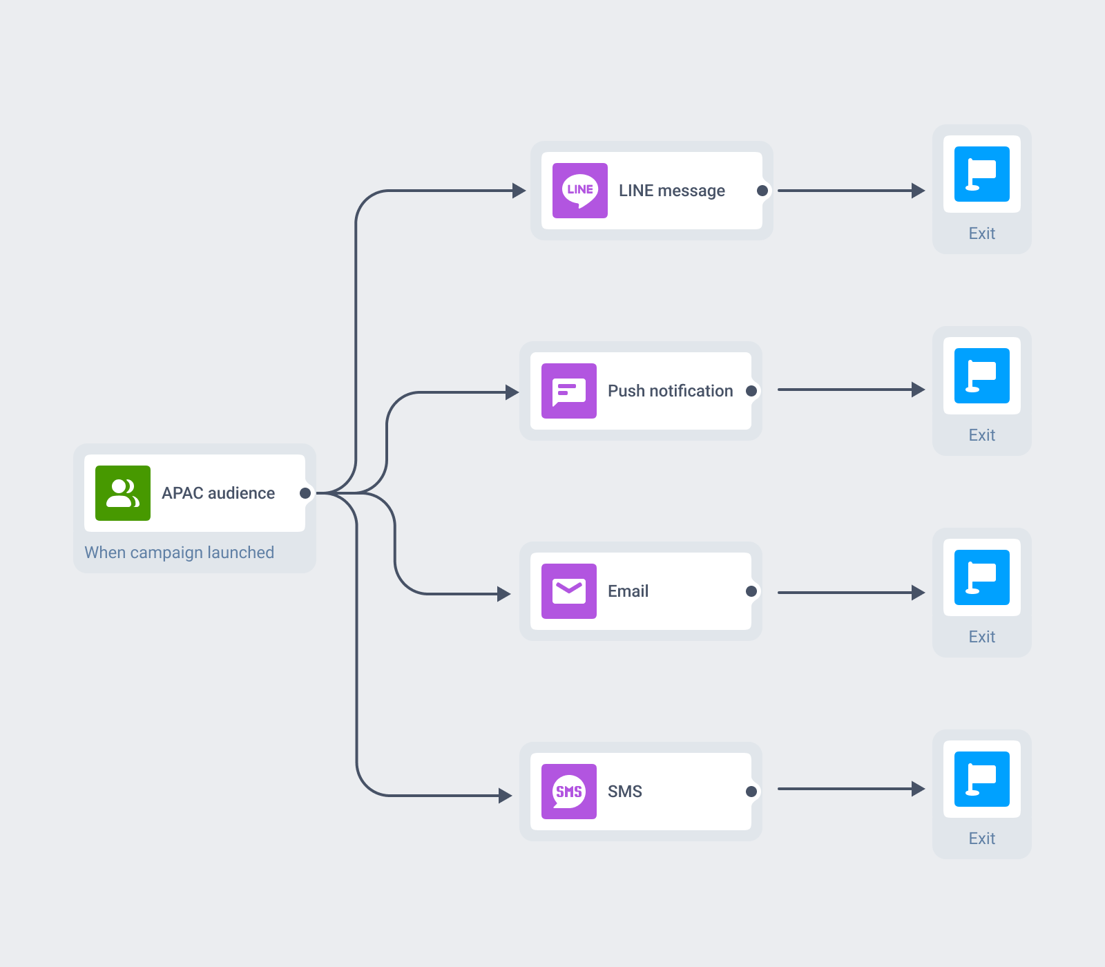 Journey diagram with a LINE node branching to push, email, and SMS on a delivered/not delivered check
