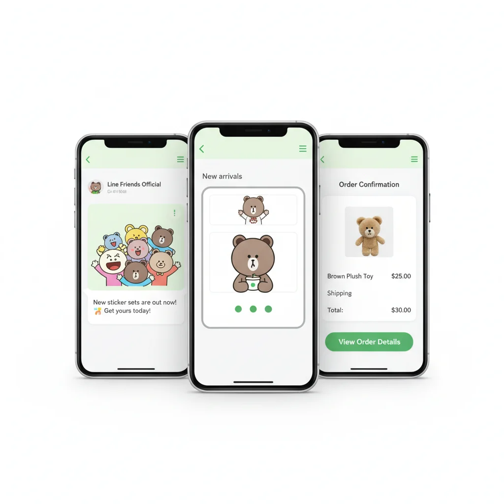 LINE message mockups: a text and image update, an image carousel, and a Flex receipt card