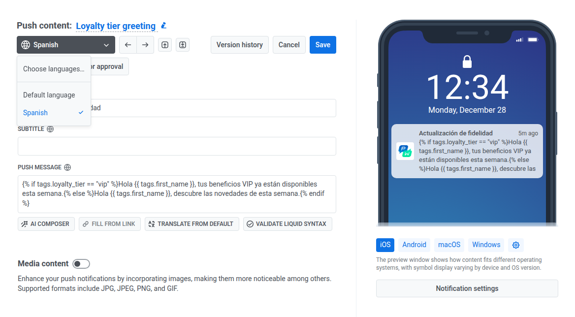 Push preset editor with the Spanish language variant open and a Liquid condition inside the body checking a loyalty-tier tag, with the platform-specific preview mirroring the same raw Spanish-language Liquid text