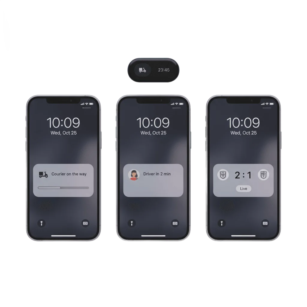 Three iPhone screens side by side showing a Live Activity: a food order at the courier step, a ride with the driver two minutes away, and a live match score, plus the same activity condensed into the Dynamic Island
