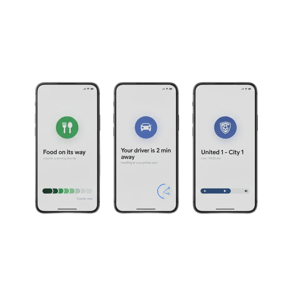 Three Android phone screens side by side showing a live notification card: a food delivery at the courier step, a ride with the driver two minutes away, and a match score with the clock running