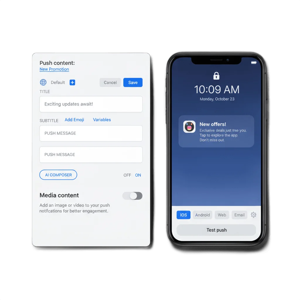 Push-Preset-Editor mit Nachrichtentext, Medien, Sprach-Tabs und Live-Gerätevorschau
