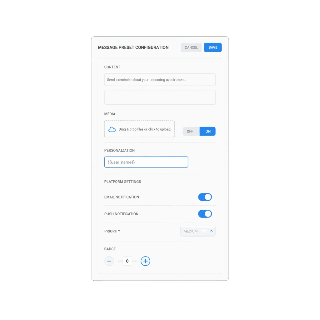 Push-Preset-Konfigurationspanel mit Feldern für Titel, Text, Medien und plattformspezifische Einstellungen