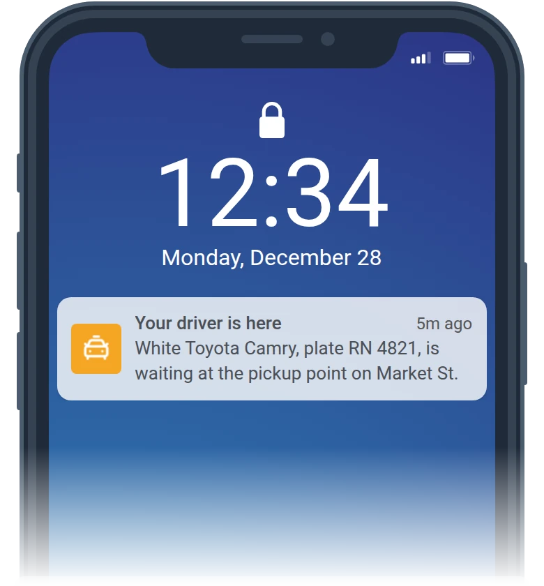 Ride-hailing journey with Live Activity and driver arrival alert in Pushwoosh
