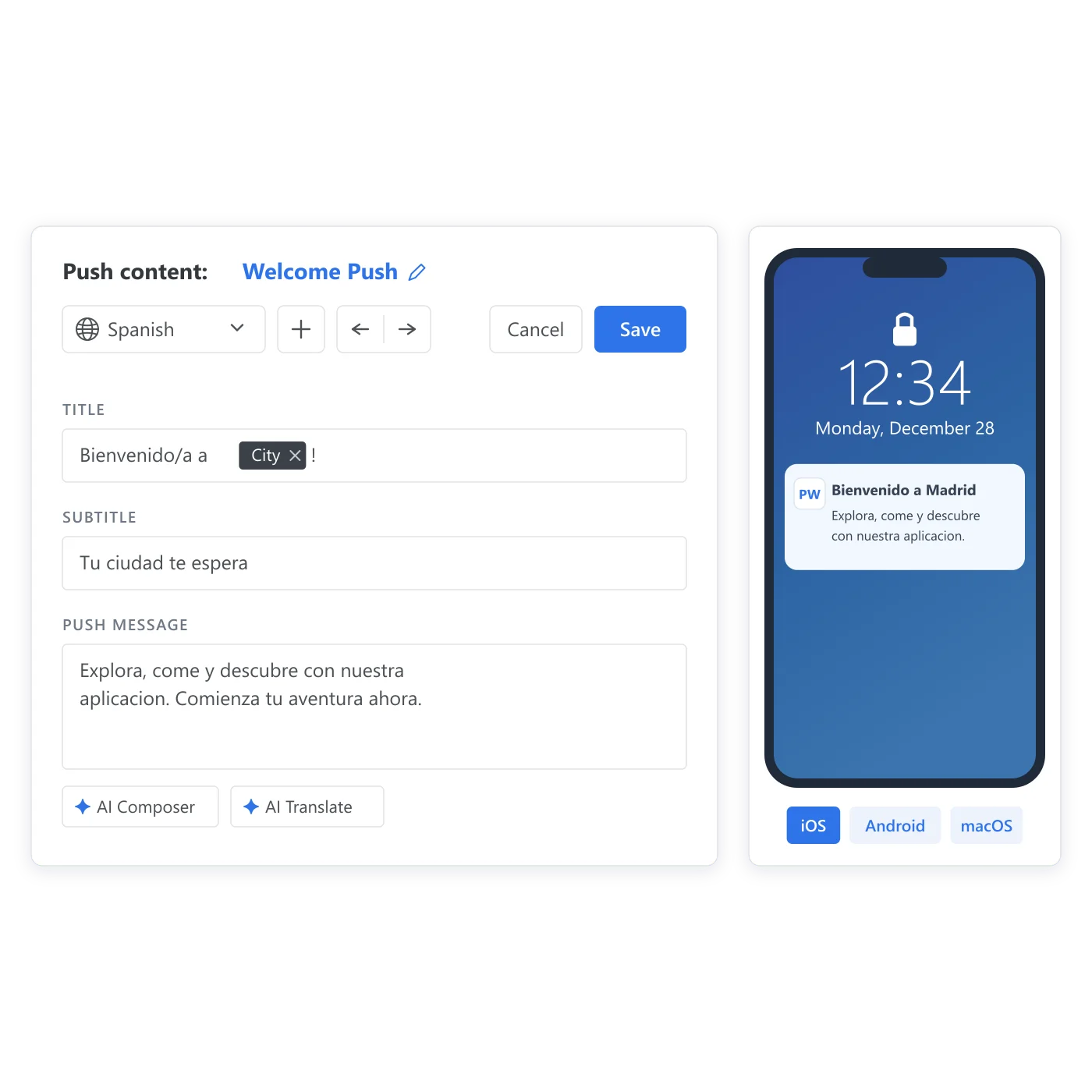 Push preset editor with the language selector set to Spanish, the title and message fields holding the Spanish variant, and a phone preview of the same push