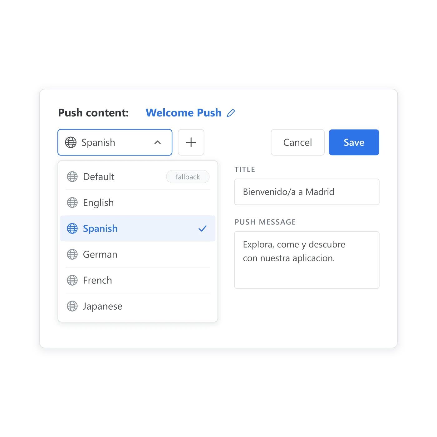 Push preset language selector open, listing Default, English, Spanish, German, French, and Japanese variants inside one preset, with Default marked as the fallback