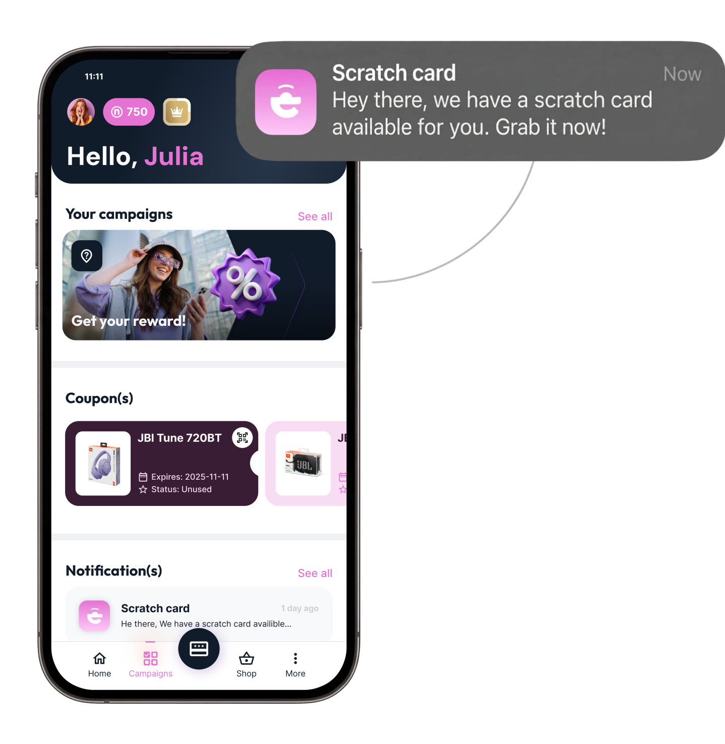Loyalty app screen showing a member's points balance and personalized rewards, next to a push notification offering bonus points for referring a friend