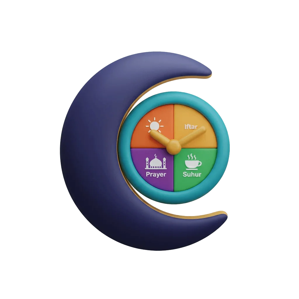 3D crescent moon with clock face for Ramadan daily timing