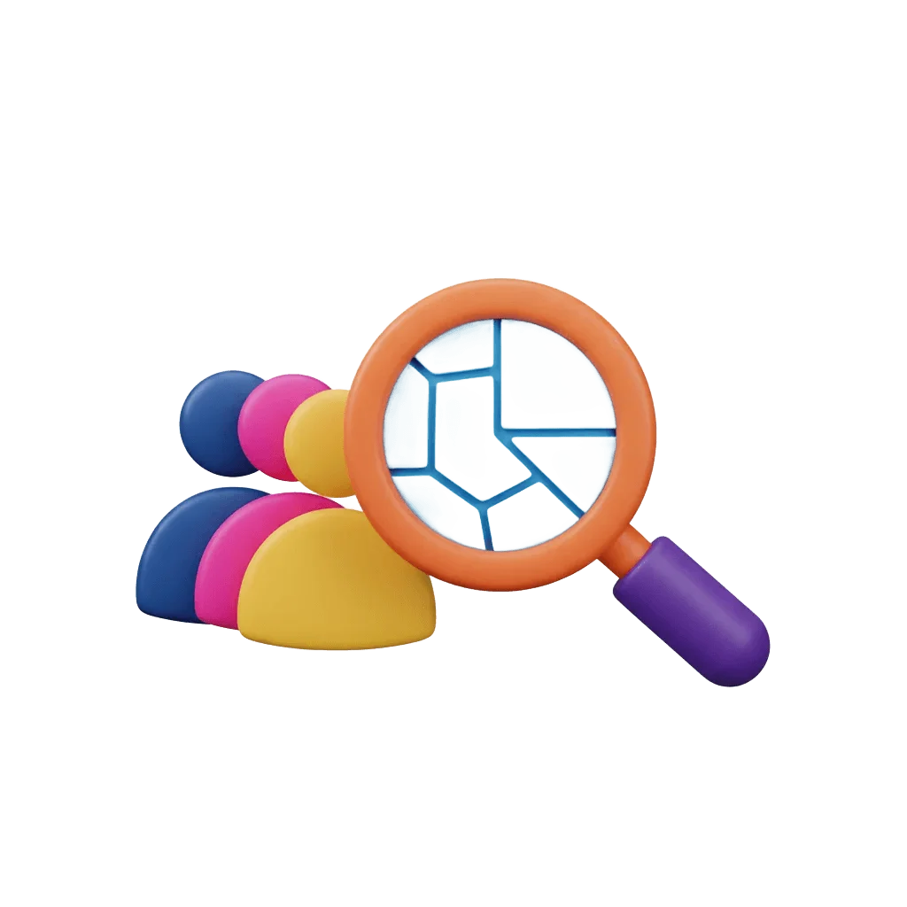 3D user group silhouettes with magnifying glass for audience segmentation