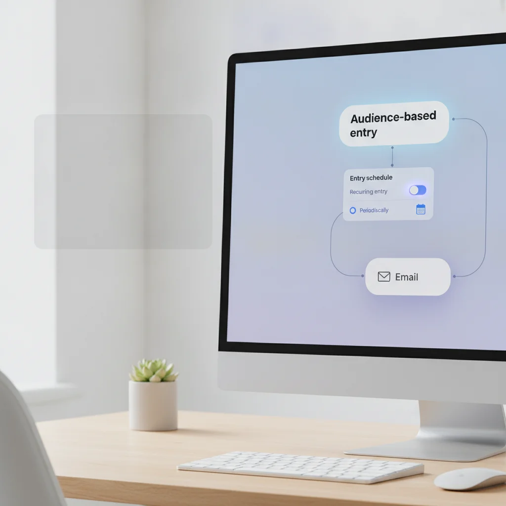 Customer Journey canvas showing an Audience-based entry element with Entry schedule set to Recurring entry, Periodically, every 1 week on Monday