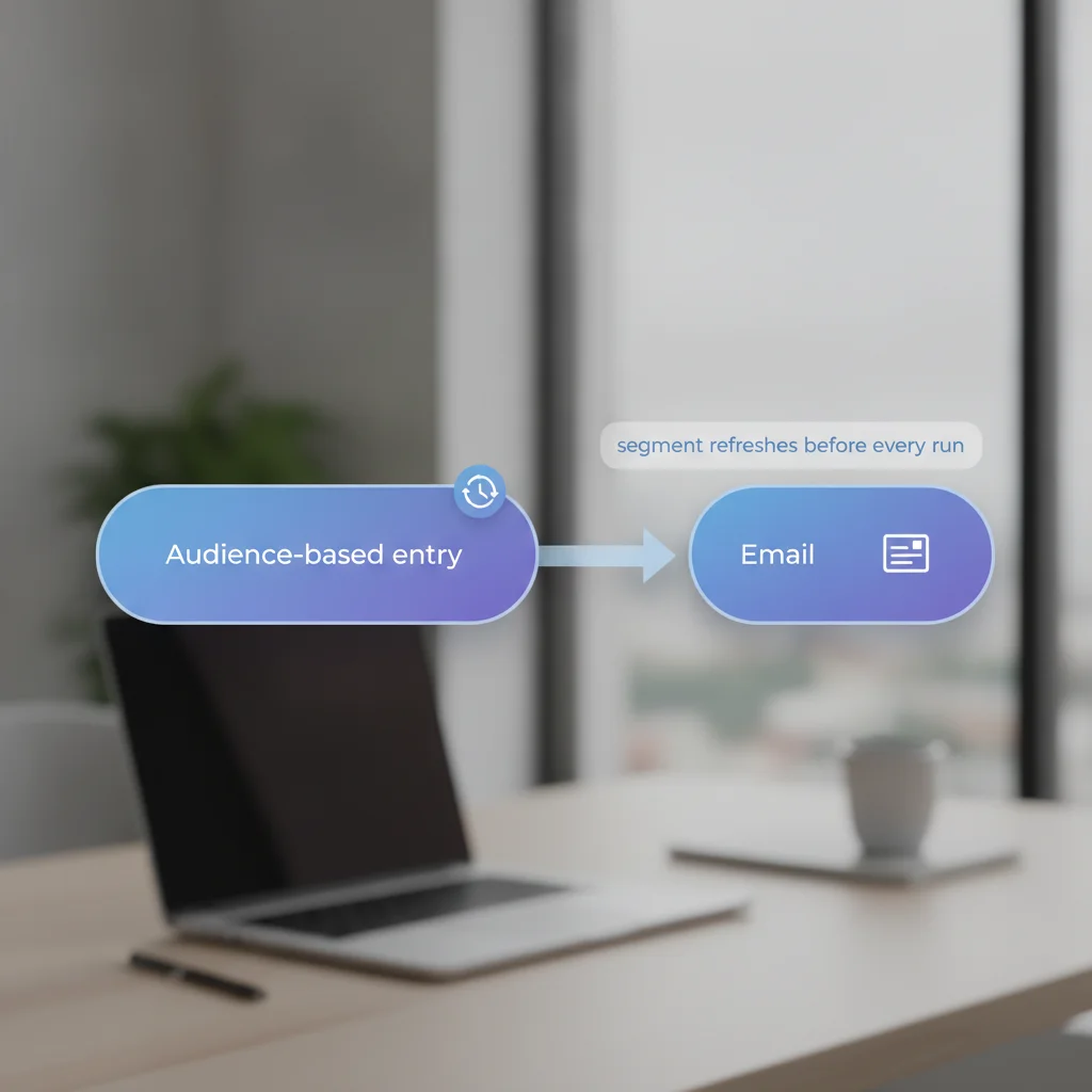 Customer Journey canvas: an Audience-based entry element set to Recurring entry, Periodically, feeding into an email digest block, with a note showing the segment refreshing before each Monday run