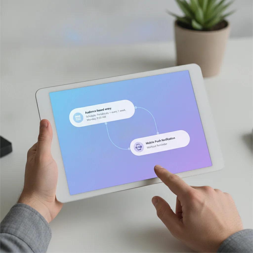 Customer Journey canvas showing a fitness app's recurring push journey: Audience-based entry set to Periodically, every 1 week on Monday, 9:00 AM, subscriber's device timezone, feeding a push reminder to log a workout