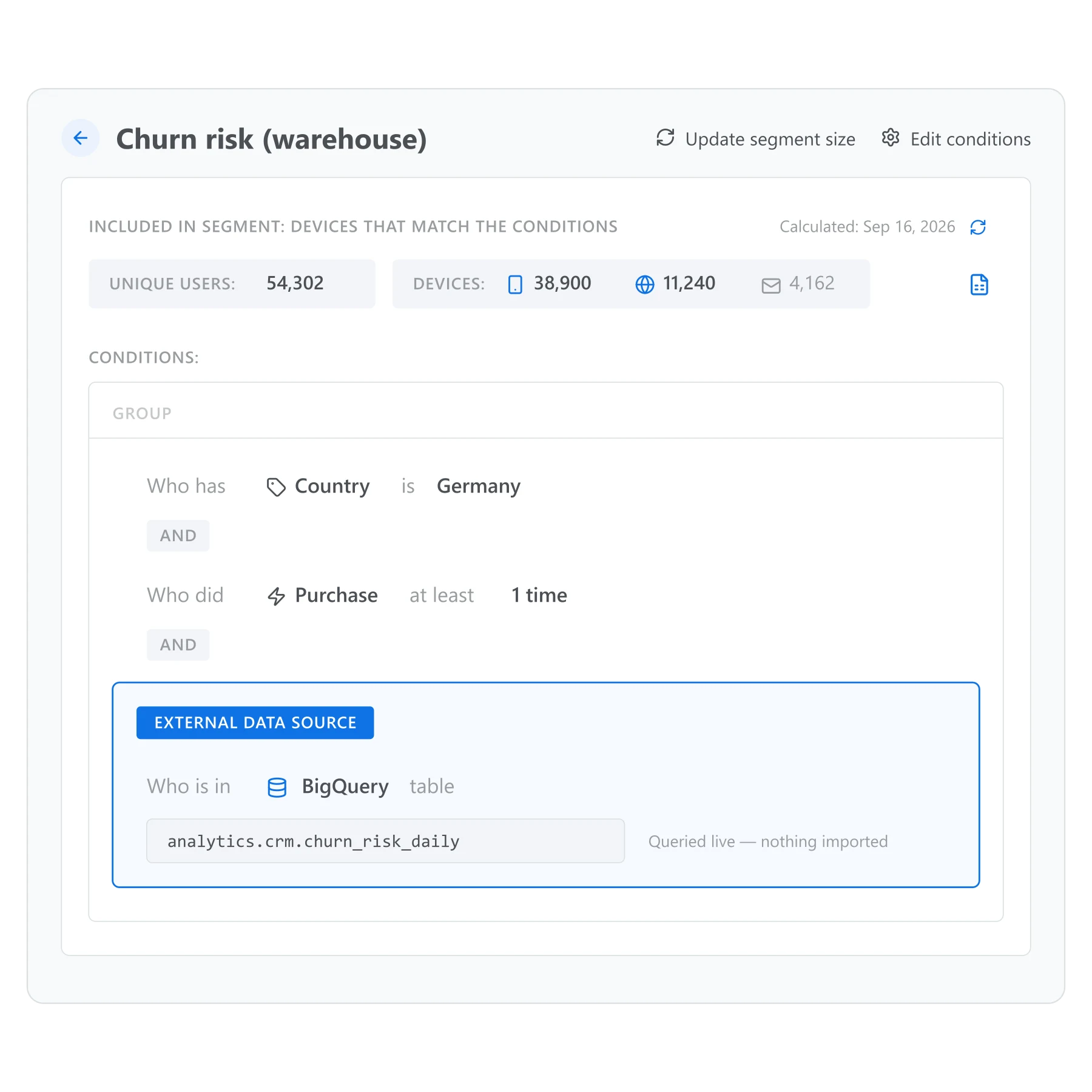 Segment condition builder with a data source set to an external BigQuery table instead of a Pushwoosh tag or event
