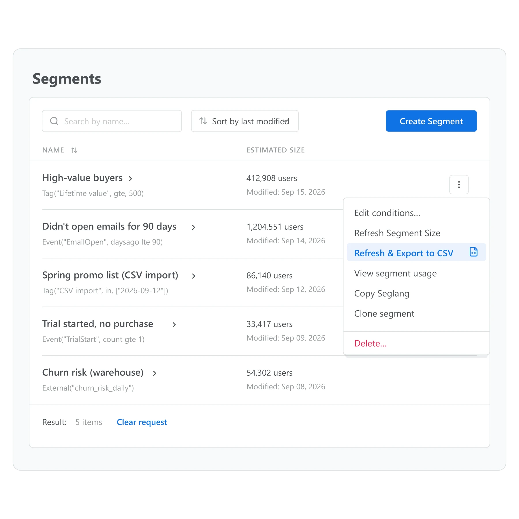 Control Panel segments list with a segment's action menu open on Refresh & Export to CSV