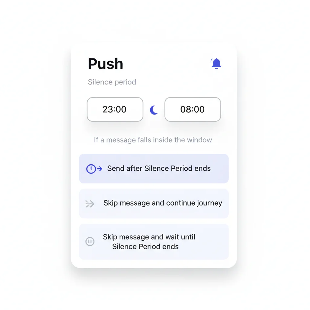 Push channel के लिए Silence Period configuration, तीन behavior options के साथ: send after the window ends, skip and continue, skip and hold the journey