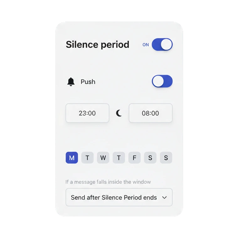 Customer Journey Settings panel में push channel के लिए Silence Period on है, 23:00 से 08:00 की window और behavior dropdown 'Send after Silence Period ends' पर सेट
