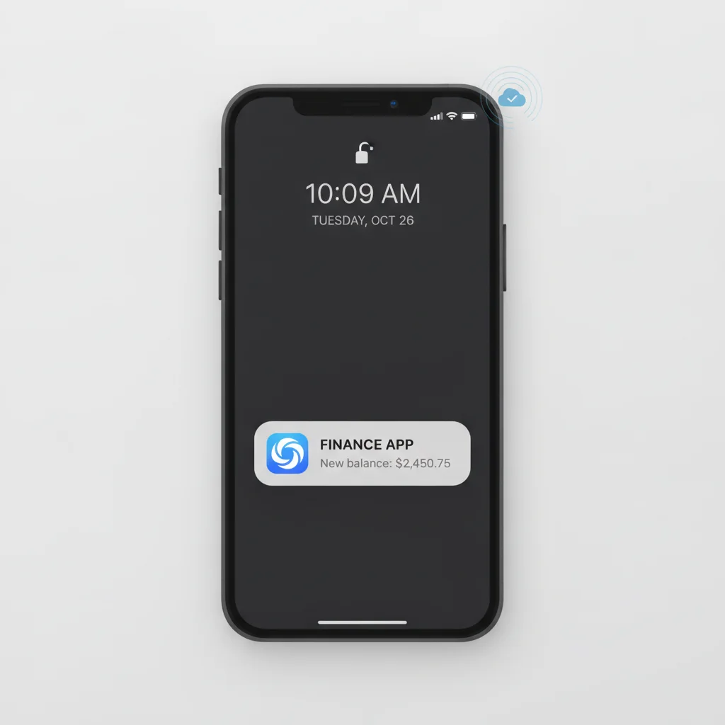 Pantalla de bloqueo mostrando un push móvil con un precio ya actualizado junto a un pequeño indicador de sincronización en segundo plano