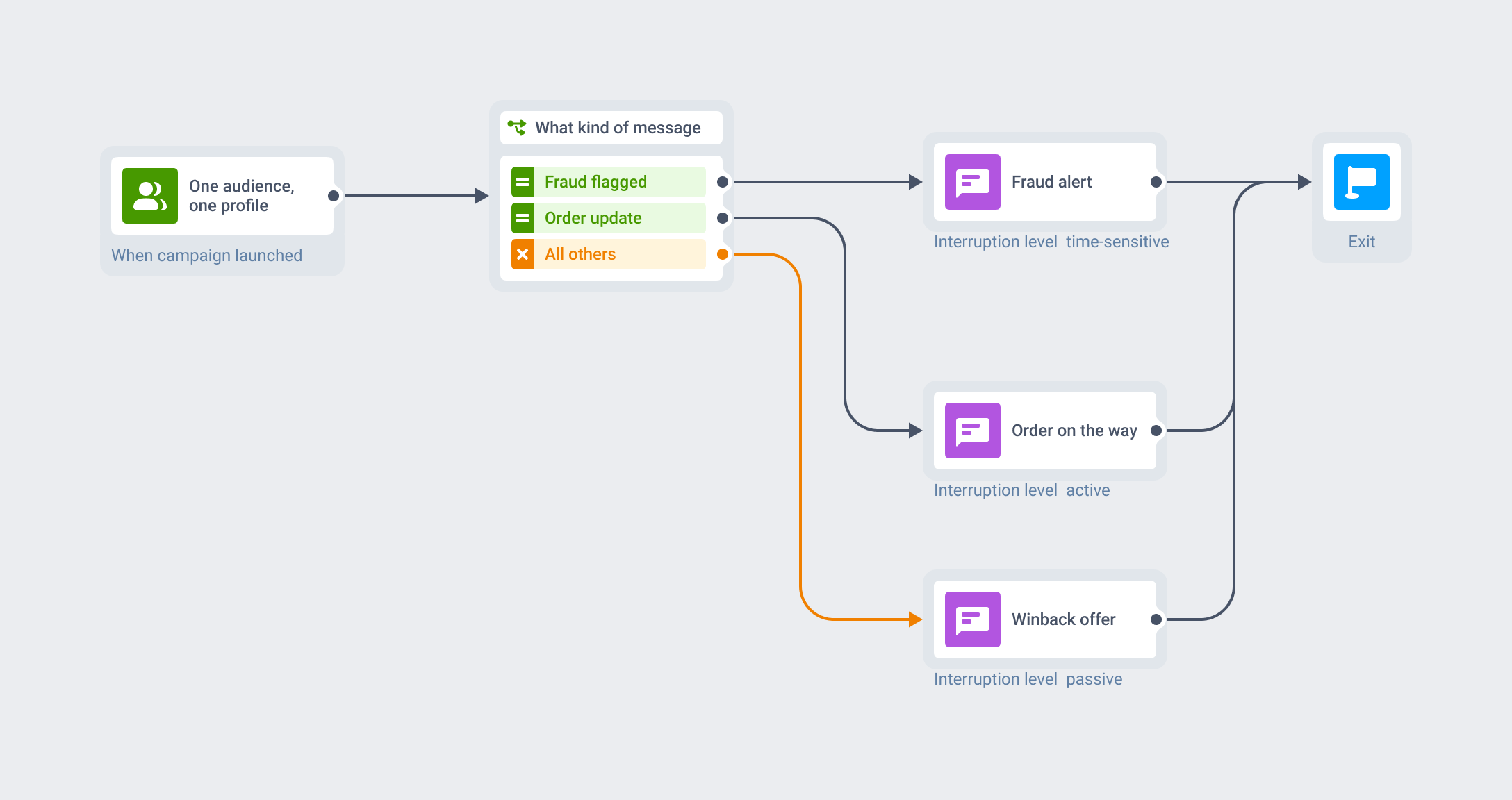 Customer Journey diagram: one audience and one customer profile splitting into a fraud branch sent as a time-sensitive push, an order-status branch sent as an active push, and a winback branch sent as a passive push, all converging on a single exit