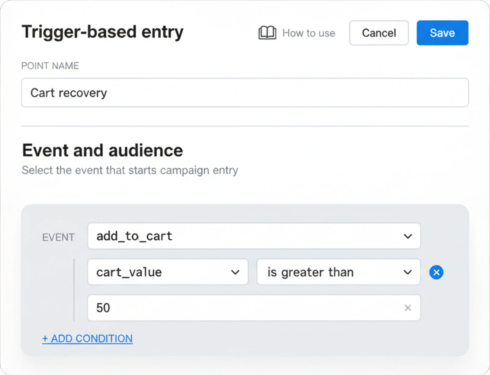 Pantalla de configuración del elemento Trigger-based entry en el Constructor de Customer Journey: nombre del punto Recuperación de carrito, evento add_to_cart, y una condición de entrada donde cart_value es mayor que 50