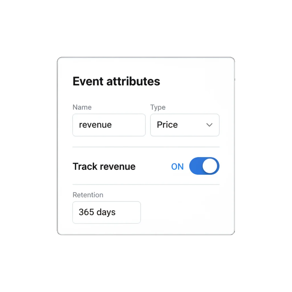Event creation form showing a Price-type attribute named revenue, the trackRevenue toggle switched on, and a 365-day retention field