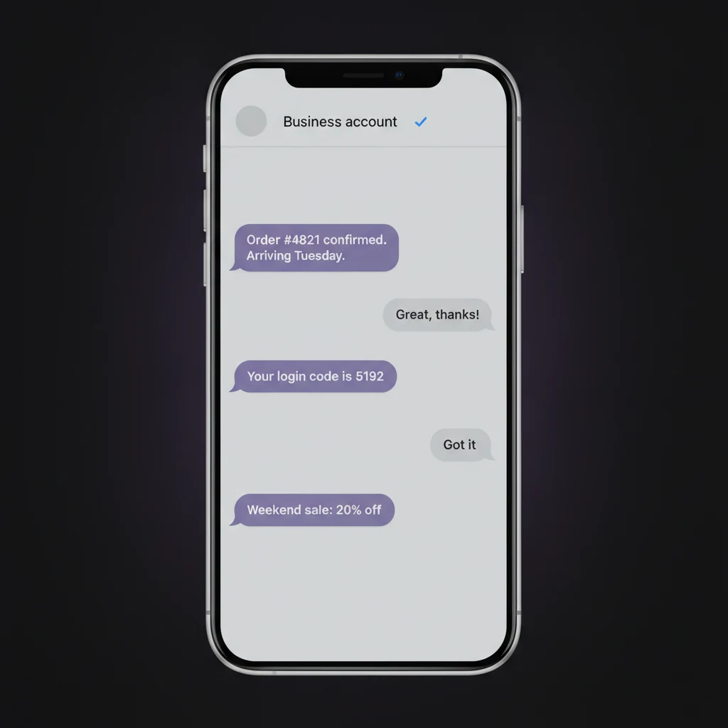 Phone showing a Viber Business conversation: the brand sends an order confirmation, a login code, and a promotional offer, and the customer replies in the same thread