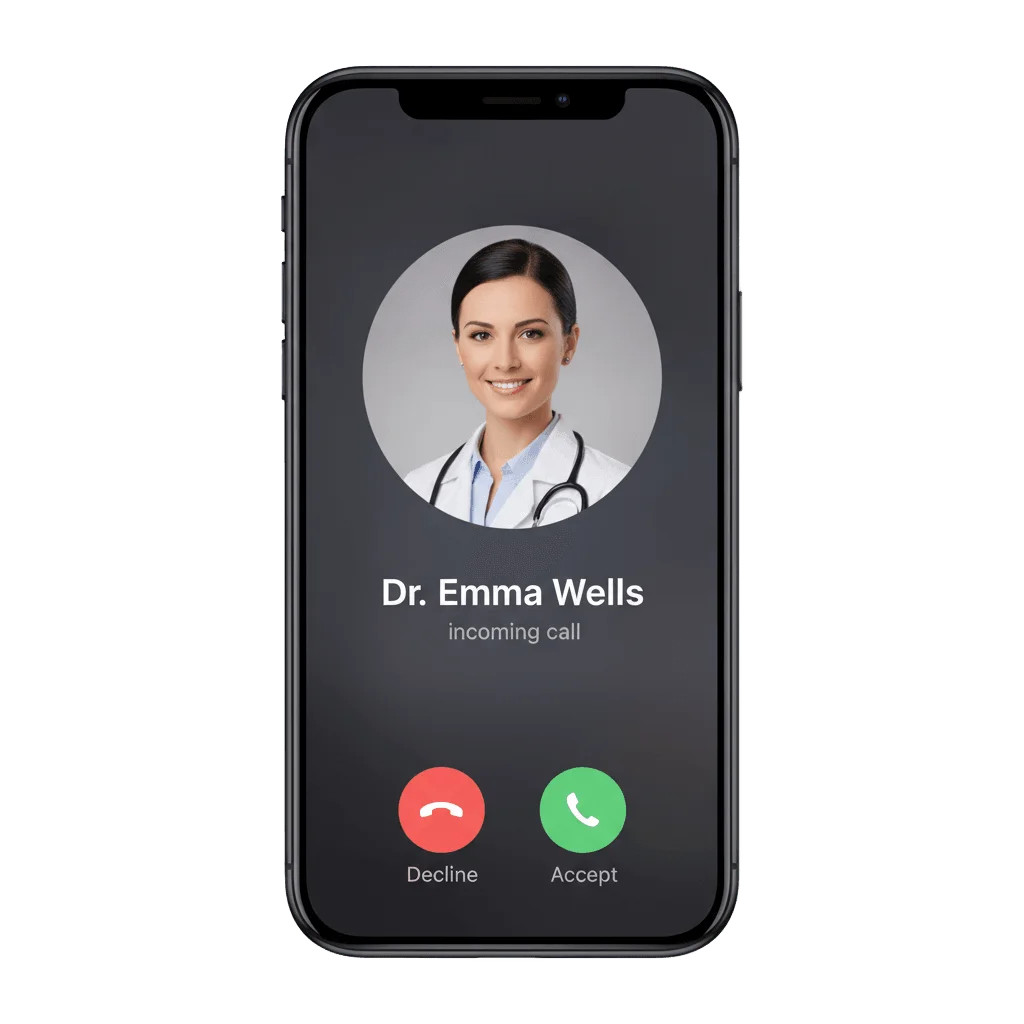 iPhone showing the native iOS full-screen incoming call from a doctor, with the caller photo, the caller name, and decline and accept buttons, while the app behind it is closed