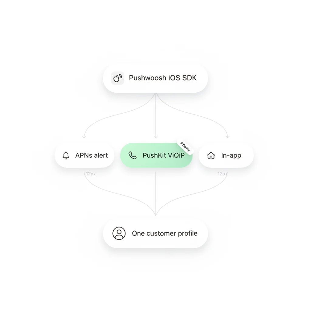 Integration diagram: a single Pushwoosh SDK feeding several transports — APNs alerts, PushKit VoIP pushes, and in-app messages — against one customer profile