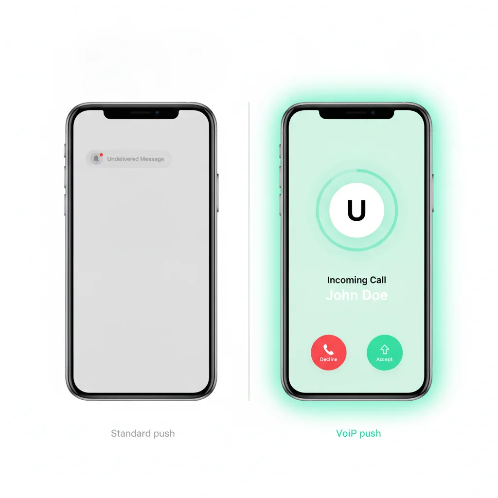 Side-by-side comparison: on the left a closed app with a silent, undelivered alert; on the right the same app woken by a VoIP push, showing a full-screen incoming call ringing