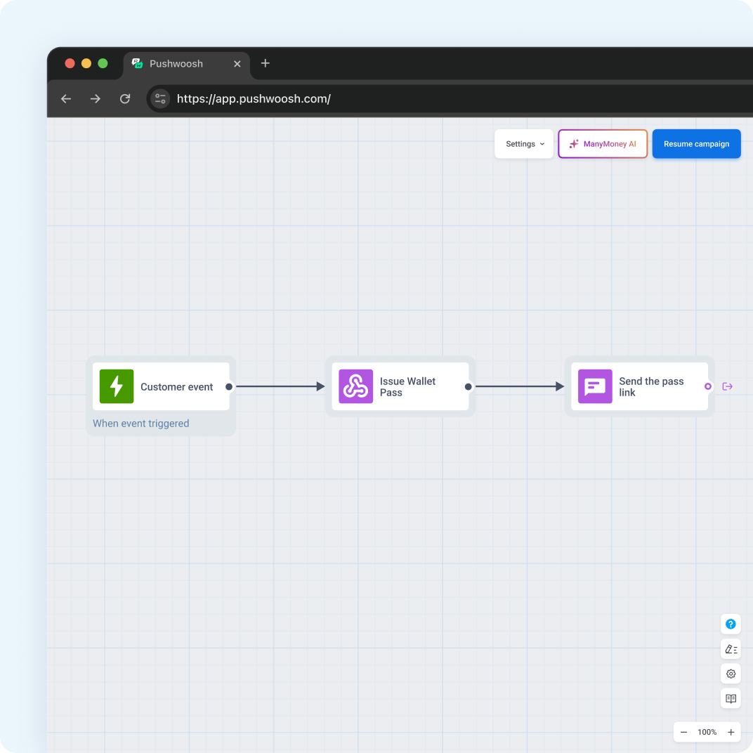 Customer Journey in Pushwoosh where a customer event triggers an Issue Wallet Pass step and a message sends the pass link