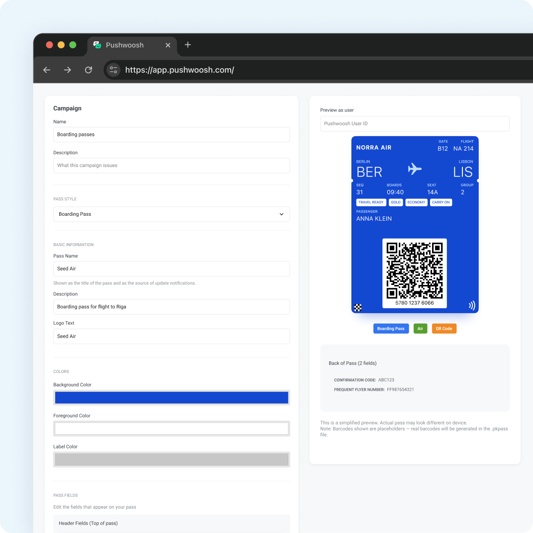 Pass-Builder in Pushwoosh mit einer Bordkarten-Kampagne und Live-Vorschau der Bordkarte von Seed Air