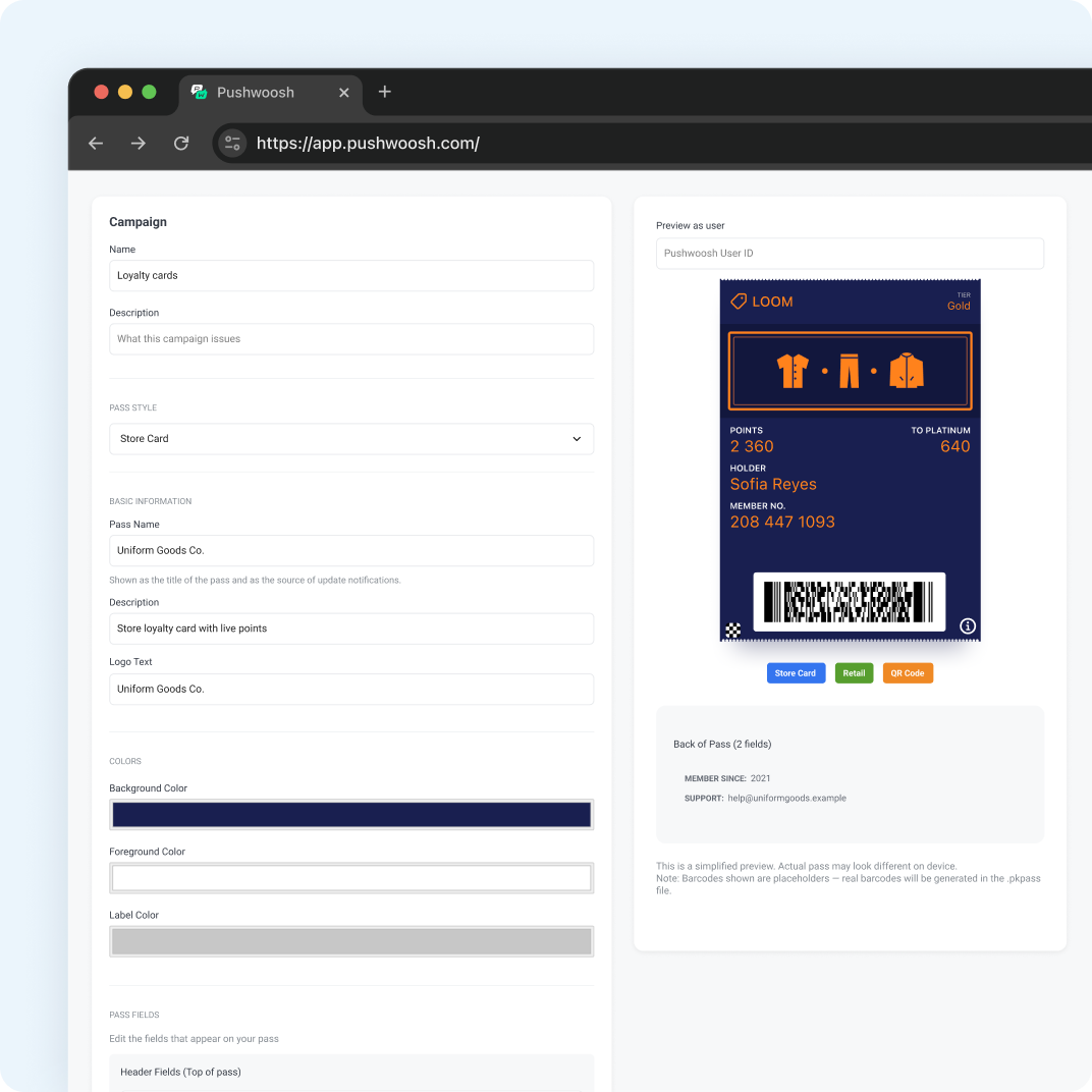 Pass builder in Pushwoosh with a store card campaign and a live preview of the green Uniform Goods loyalty card