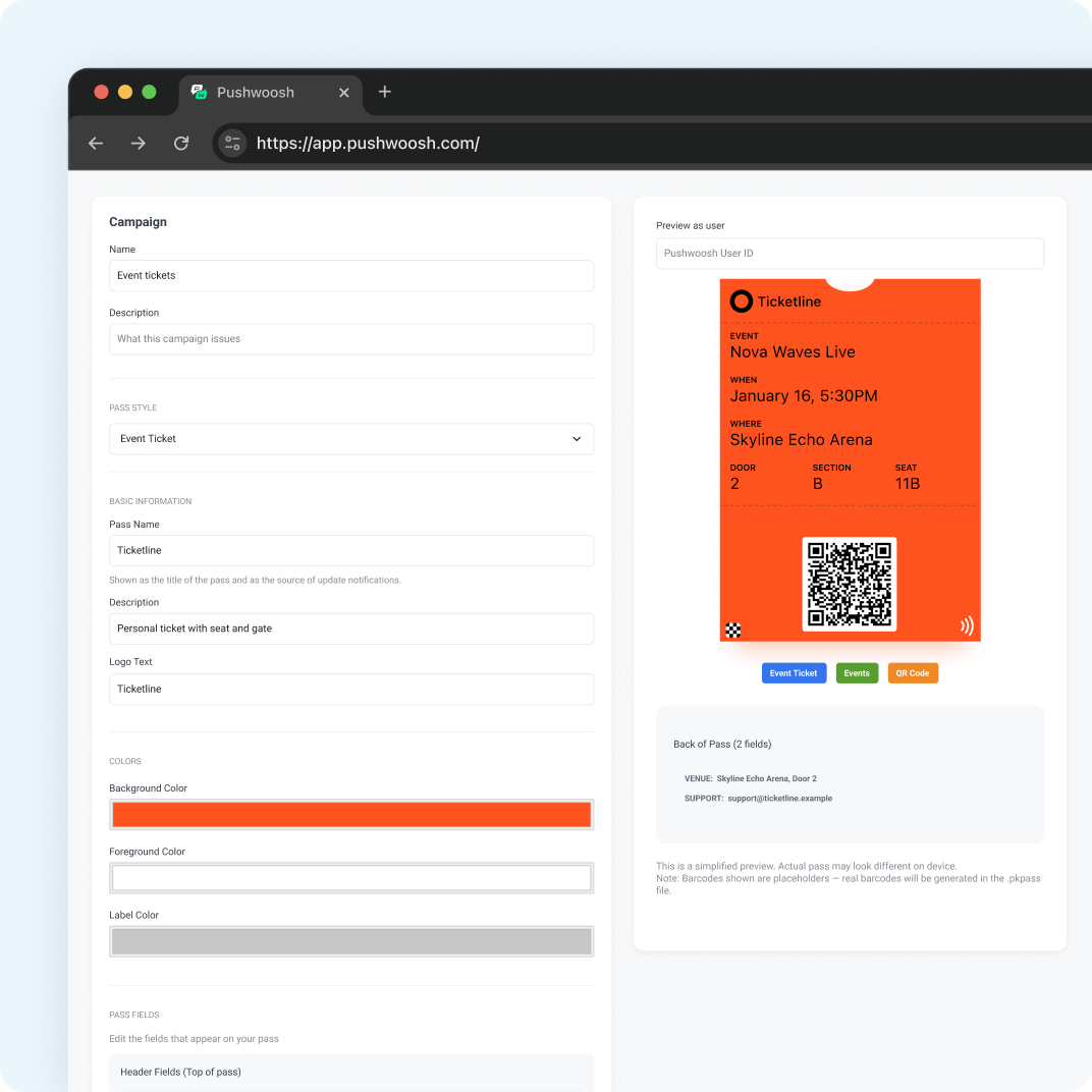 Pass-Builder in Pushwoosh mit einer Eintrittskarten-Kampagne und Live-Vorschau des Tickets von Ticketline