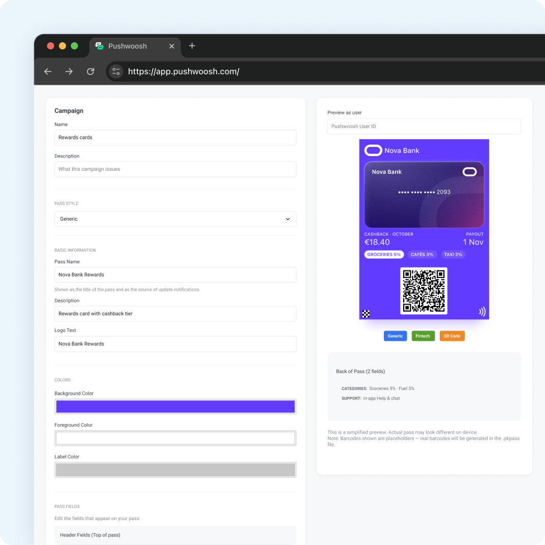 Pass builder in Pushwoosh with a rewards campaign and a live preview of the Nova Bank pass
