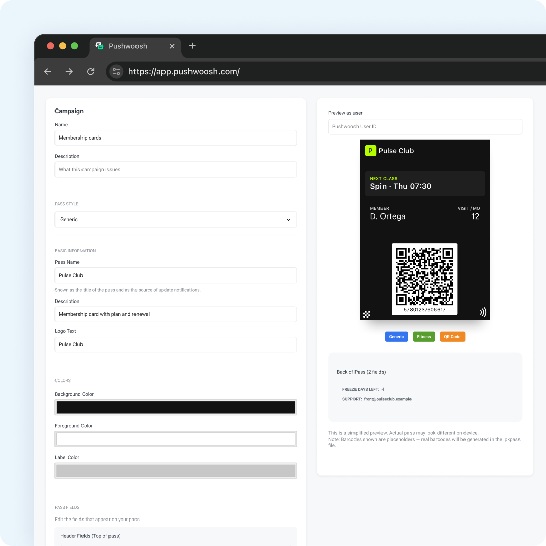 Pass-Builder in Pushwoosh mit einer Mitgliedskarten-Kampagne und Live-Vorschau der Karte von Pulse Club