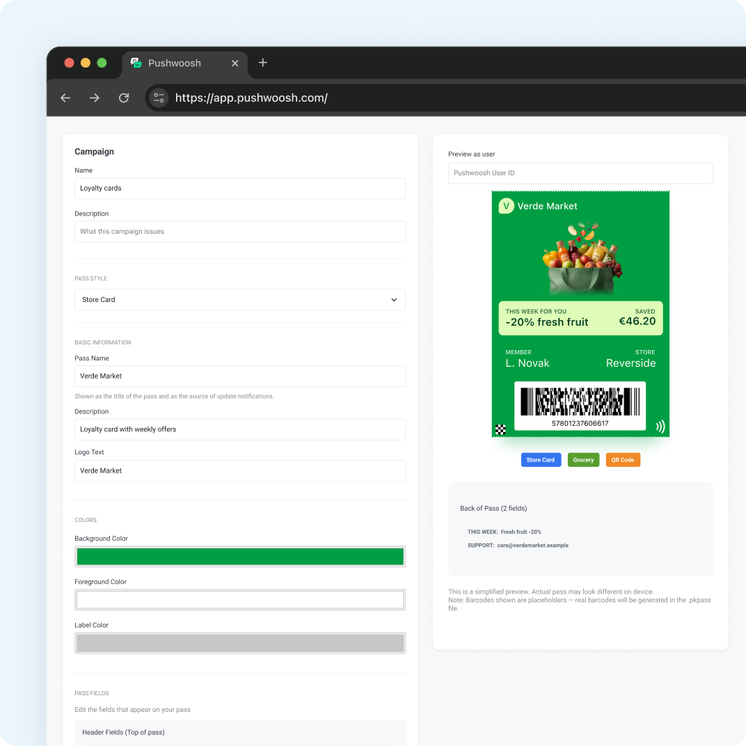 Pass builder in Pushwoosh with a loyalty campaign and a live preview of the Verde Market card