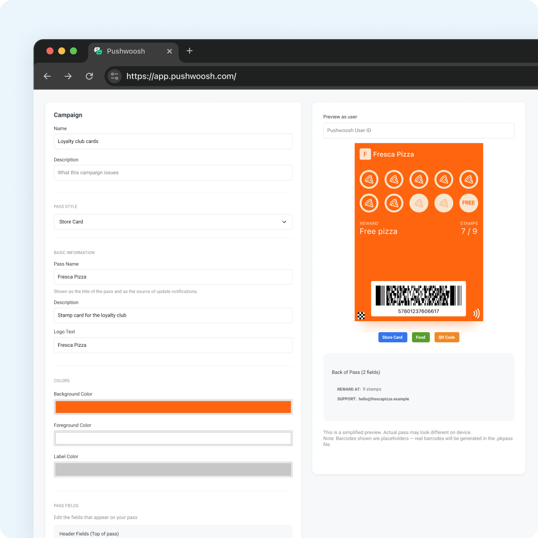 Der Wallet Pass Campaign Builder in Pushwoosh mit Live-Vorschau eines Restaurant-Passes